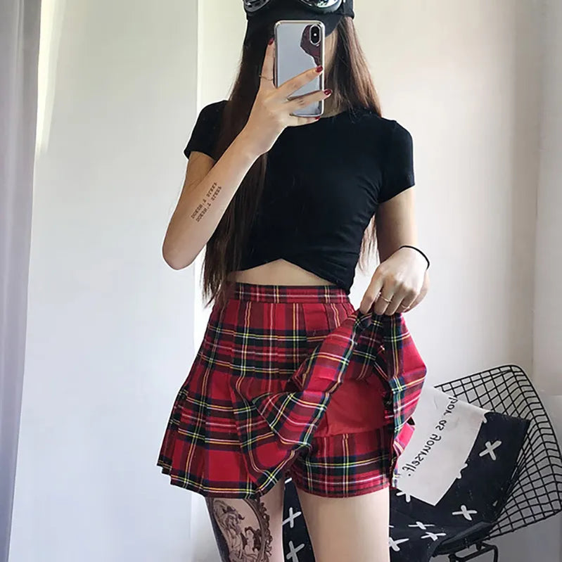 Vintage Red Plaid Pleated Skirt Women Y2k Mini High Waist Kawaii Skirt Female Summer College Style Tennis Short Skirts Red