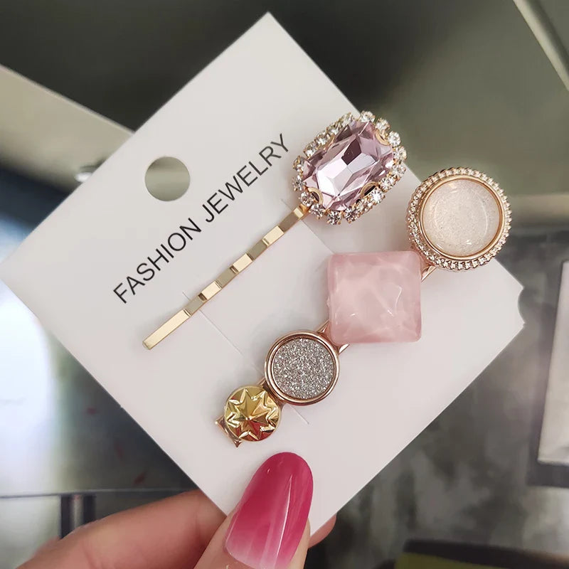Set Women Hair Clips Jewelry Fashion Crystal Hair Accessories For Girls Luxury Pearl Geometric Barrettes Pins Christmas Gift 2pcs-pink