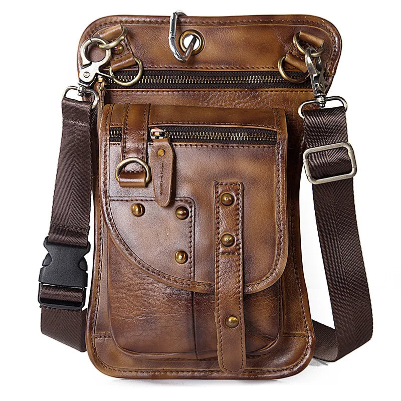 Leather Multipurpose Men Travel Mochila Crossbody Messenger Bag Hook Belt Waist Pack Drop Leg Phone Case Bag light brown