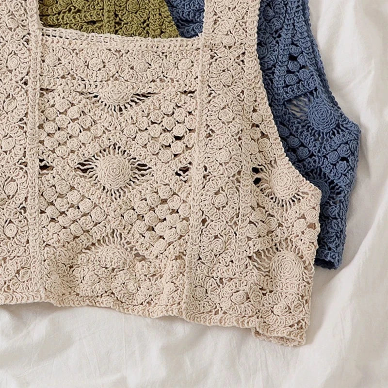 Women Vintage Crochet Camisole Bohemian Hollow Out Geometry Floral Knitted Vest Slim Sleeveless Crop Top Beachwear