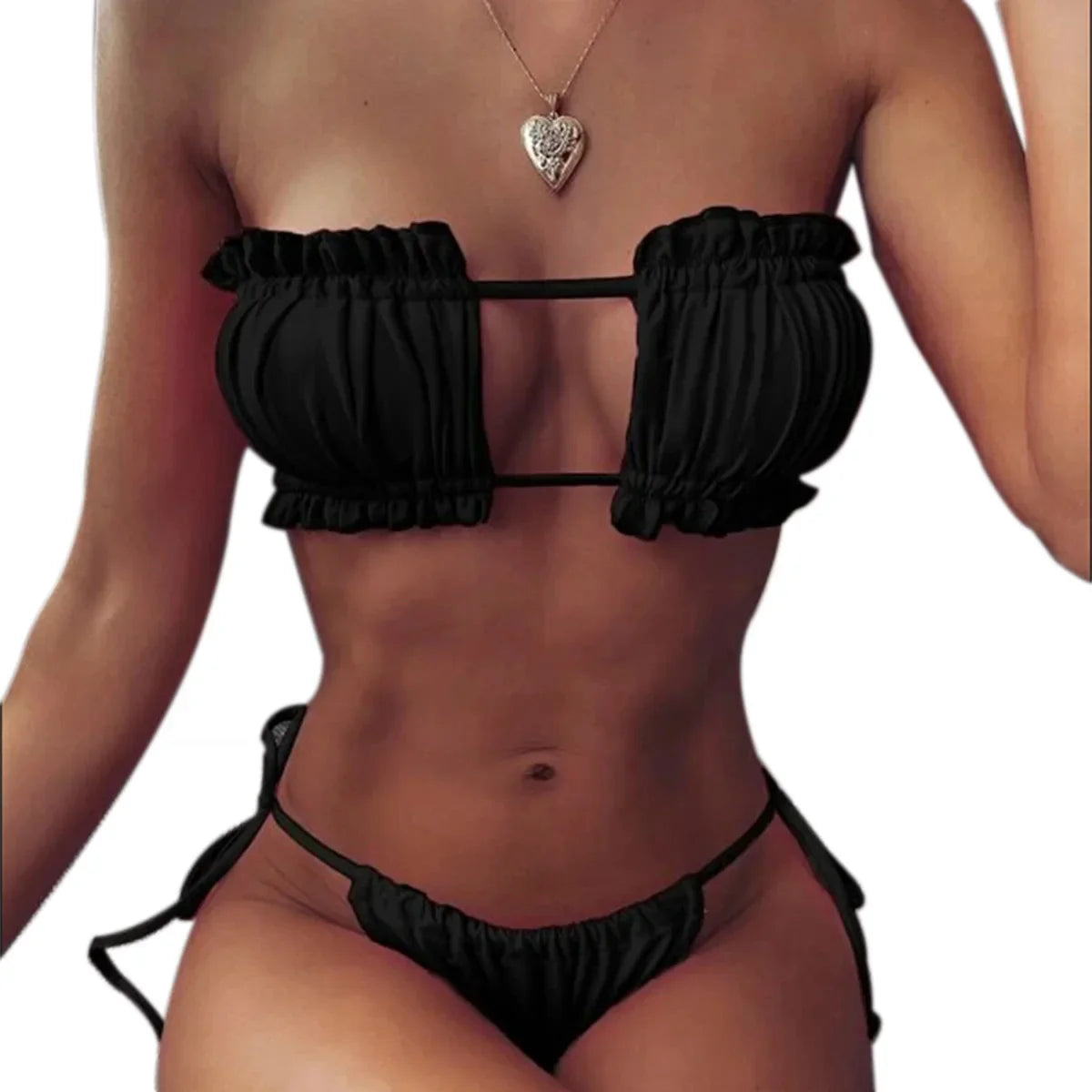 Push Up Padded Women Swimwear Bathing Suit Hirigin Sexy Straples Ruffles Bandage Women Bikini Set Pure Color Summer wear black
