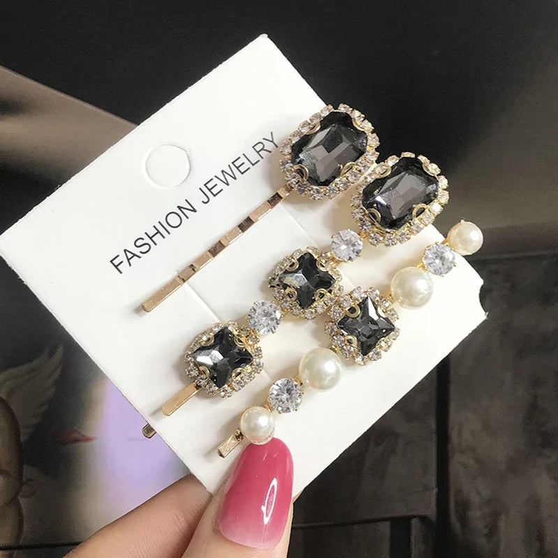 Set Women Hair Clips Jewelry Fashion Crystal Hair Accessories For Girls Luxury Pearl Geometric Barrettes Pins Christmas Gift 3pcs-black
