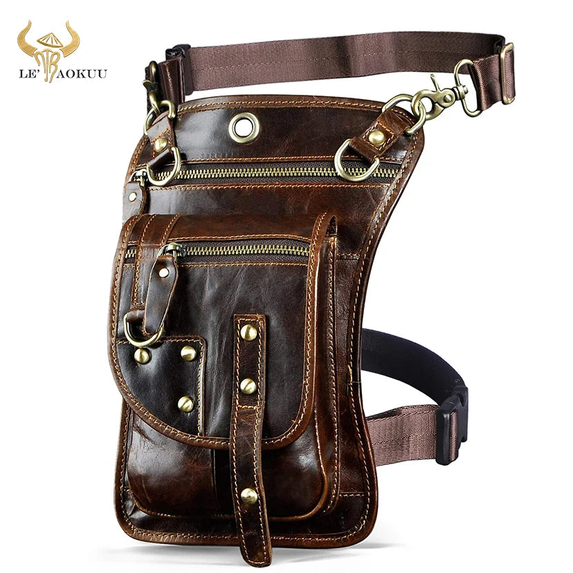 Original Leather Multifunction Men Travel Shoulder Crossbody Messenger Bag Hook Belt Waist Pack Drop Leg Phone Case Bag Coffee