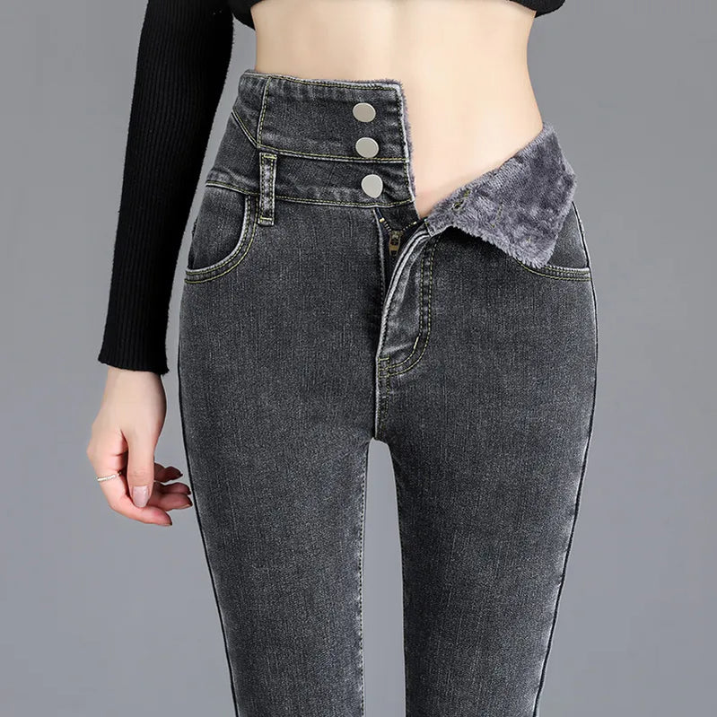 Thermal Winter Thick Fleece High-waist Warm Skinny Jeans Thick Women Stretch Button Pencil Pants Mom Casual Velvet Jeans Dark gray
