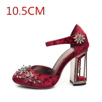 Autumn Crystal Flower Mary Janes Women Pumps Shoes Woman Sandals Strange High Heel Party Shoes Handmade Rhinestone Wedding Shoes