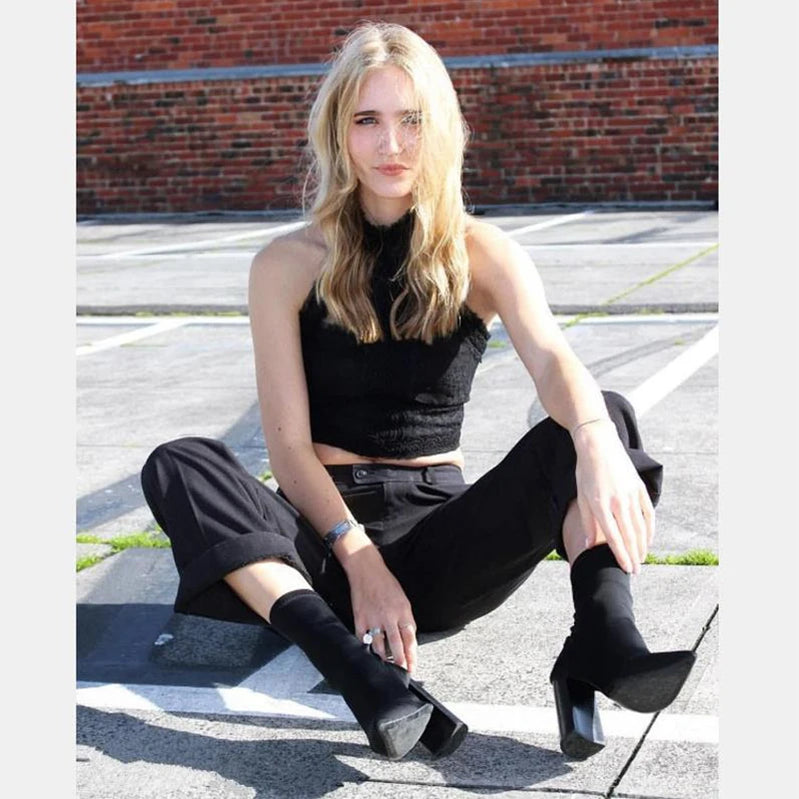 Fashion Ankle Boots for Women Pointed Toe Sock Boots Square High Heel Boots Shoes Woman Slim Stretch Bota Feminina 41