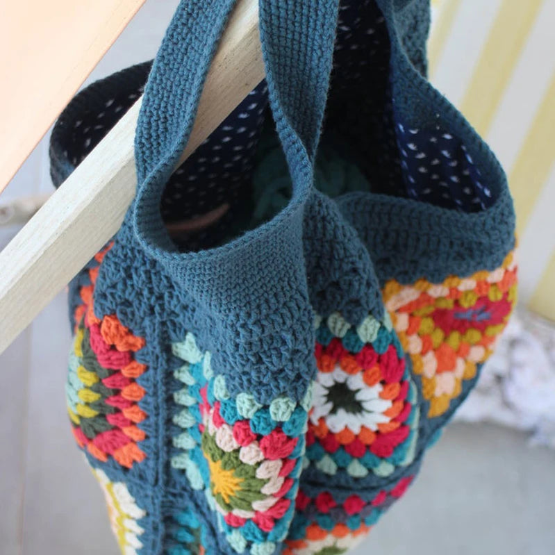 Navy Granny Square Crochet Bag Hippie Classic Handmade Crochet Colorful Boho Chic Shoulder Tote Bags For Winter
