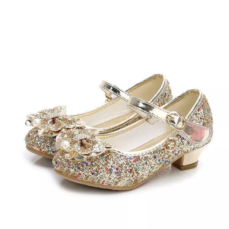 Princess Butterfly Leather Shoes Kids Diamond Bowknot High Heel Children Girl Dance Glitter Shoes Fashion Girls Party Dance Shoe hudie-Gold