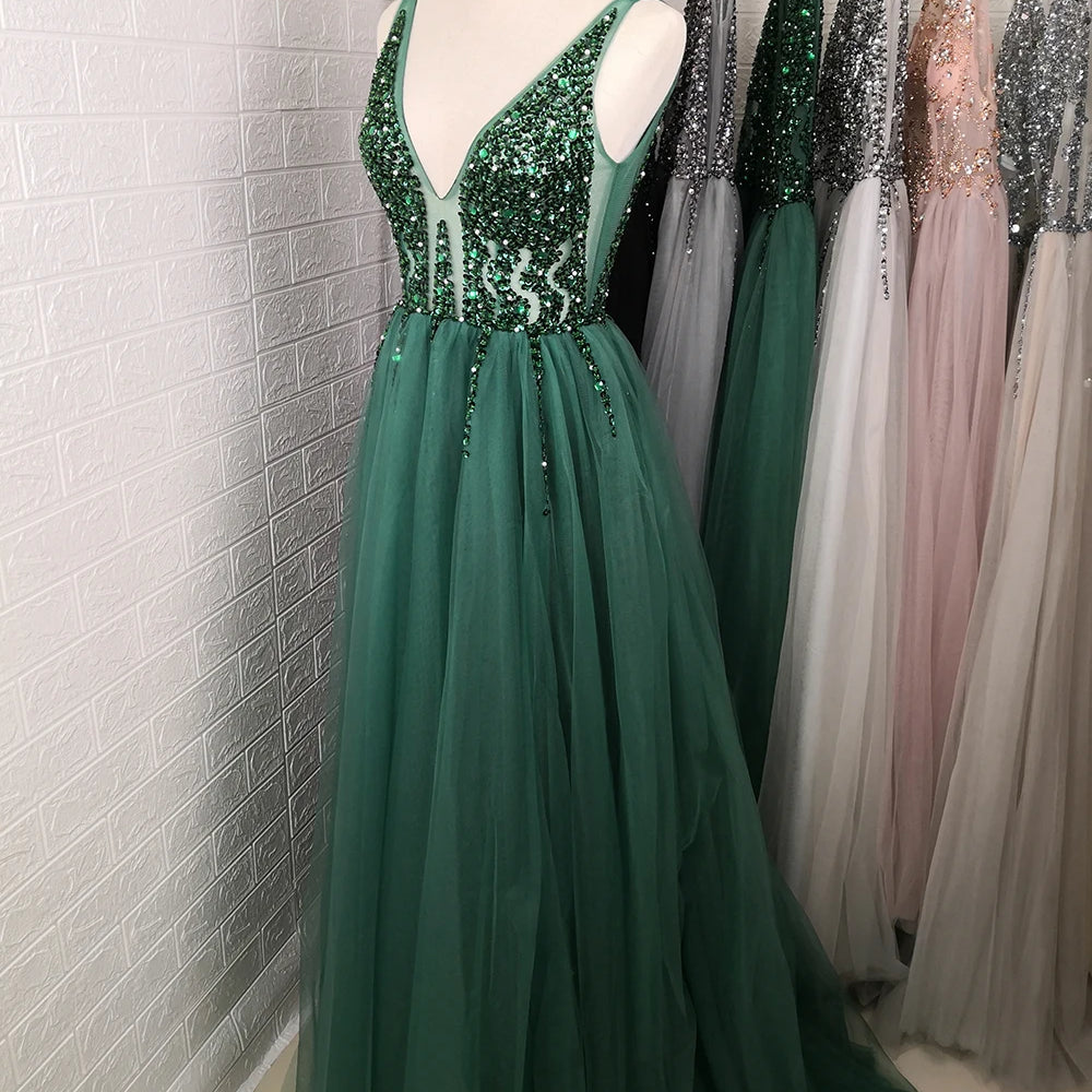 Sexy V-Neck Long Prom Dresses Beaded Beading Crystal High Splits Backless A-Line Formal Gown Party Dress