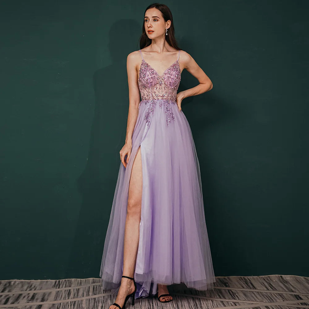 Beaded Crystal Prom Dresses Long Sexy See Through A-Line Split Tulle V Neck Spaghetti Strap Evening Formal Gown PURPLE