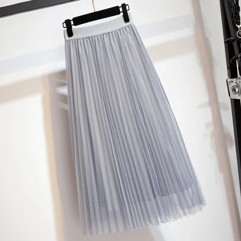 Women's Tulle Plain Pleated Skirt 2019 New Fashion Black Beige White Pink Grey Mesh Midi Skirt High Waist Woman Skirts 3 Layers