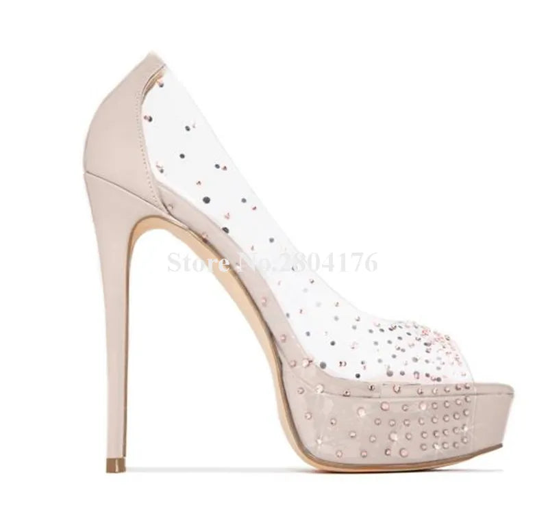 Bling Bling Women Peep Toe Clear PVC Rhinestone High Platform Stiletto Heel Sandals Gold Nude Black Transparent Crystal Sandals
