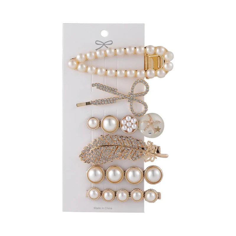 6pcs/set Feather Scissors Hair Clips for Women with Crystal Rhinestone Pearls Barrettes Fashion Jewelry Accessories Gifts YHA054