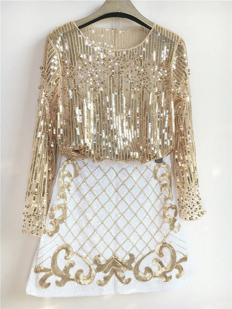 Birthday Party Korean New Women's Fashion Heavy Craft Nail Bead Long Sleeve Sequin Shirt With Buttocks And Skirt 2pcs Set