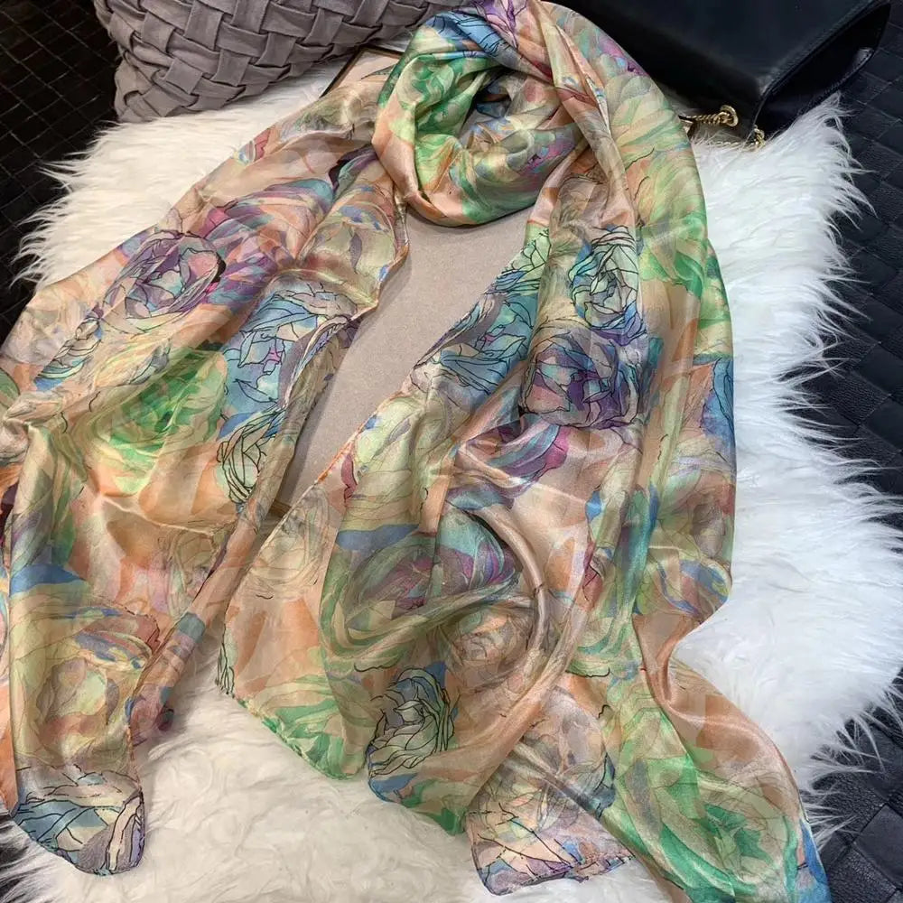 [BYSIFA] Ultralarge Spring Autumn Silk Scarf Wraps Brand Female Long Scarf Cape Fashion New Design Lace Pattern Blue Silk Scarf green roses
