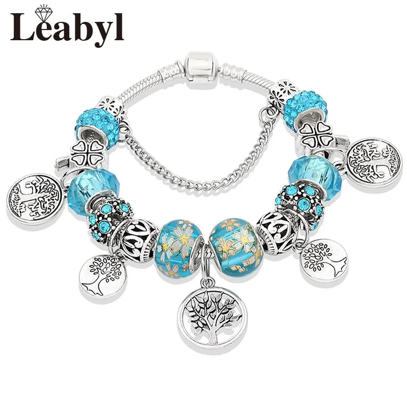 Silver Color Tree of Life Fashion Bead Bracelets Green Leaf Floral Crystal Charm Bracelet & Bangle Pulsera Jewelry L80829 Blue