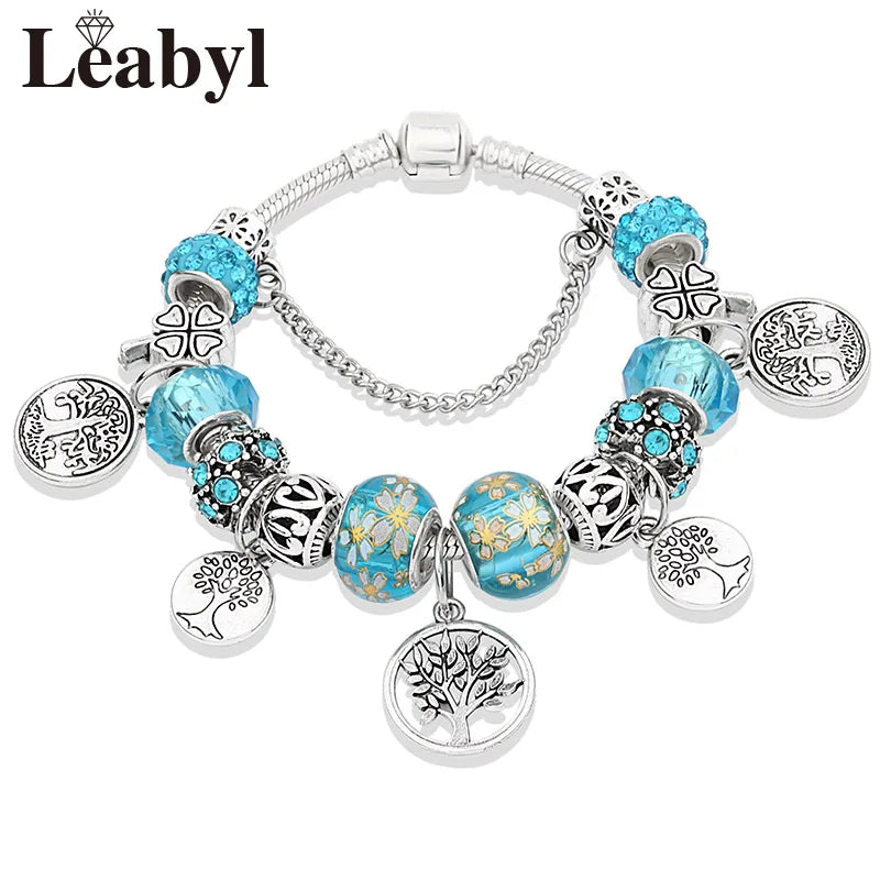 Silver Color Tree of Life Fashion Bead Bracelets Green Leaf Floral Crystal Charm Bracelet & Bangle Pulsera Jewelry L80829 Blue