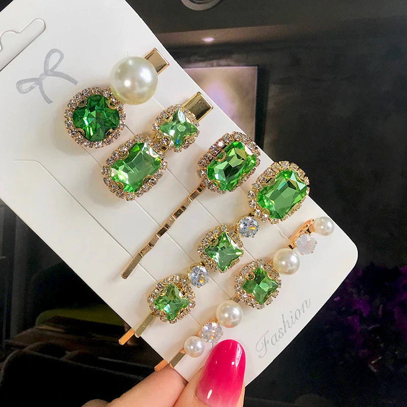 Set Women Hair Clips Jewelry Fashion Crystal Hair Accessories For Girls Luxury Pearl Geometric Barrettes Pins Christmas Gift 5pcs-light green