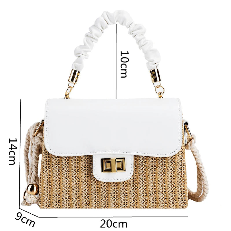 Straw Beach Bag for Women 2024 Summer Pleated Handle Luxury Designer Bag Contrast Color Crossbody Purse and Handbag Lady Bolsos