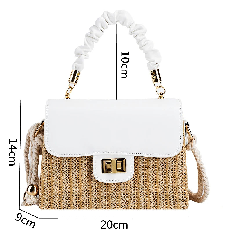 Straw Beach Bag for Women 2024 Summer Pleated Handle Luxury Designer Bag Contrast Color Crossbody Purse and Handbag Lady Bolsos