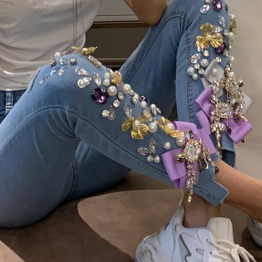 Embroidered Flares Women's Diamond Denim Jeans Women Bling Hole Fashion Beaded Skinny Slim Fit Stretch Pencil Pants