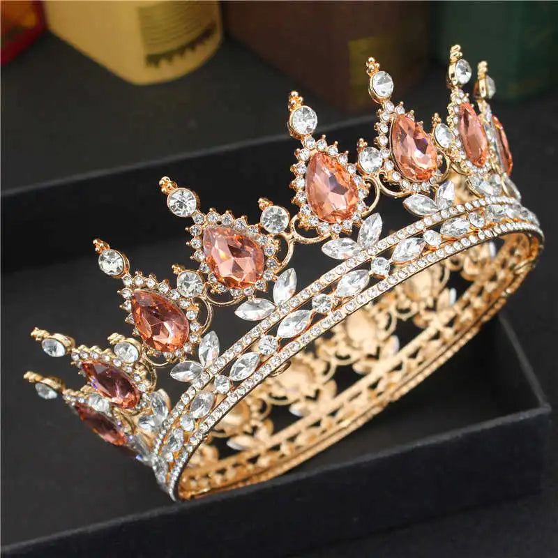 Crystal Queen King Tiaras and Crowns Bridal Diadem For Bride Women Headpiece Hair Ornaments Wedding Head Jewelry Accessories GOLD 01