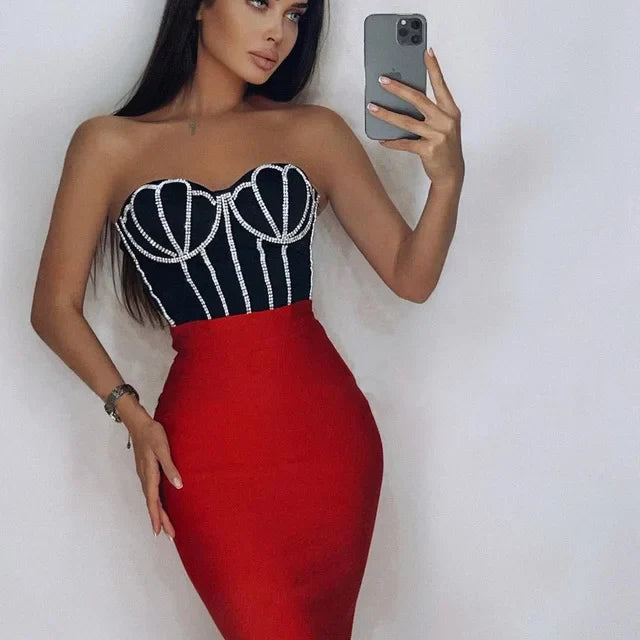 Red Black Ladies HL Bandage Dress Strapless Sexy 2 Pieces Bodycon Mini Dress Off the Shoulder Girls' Birthday Party Dress Red