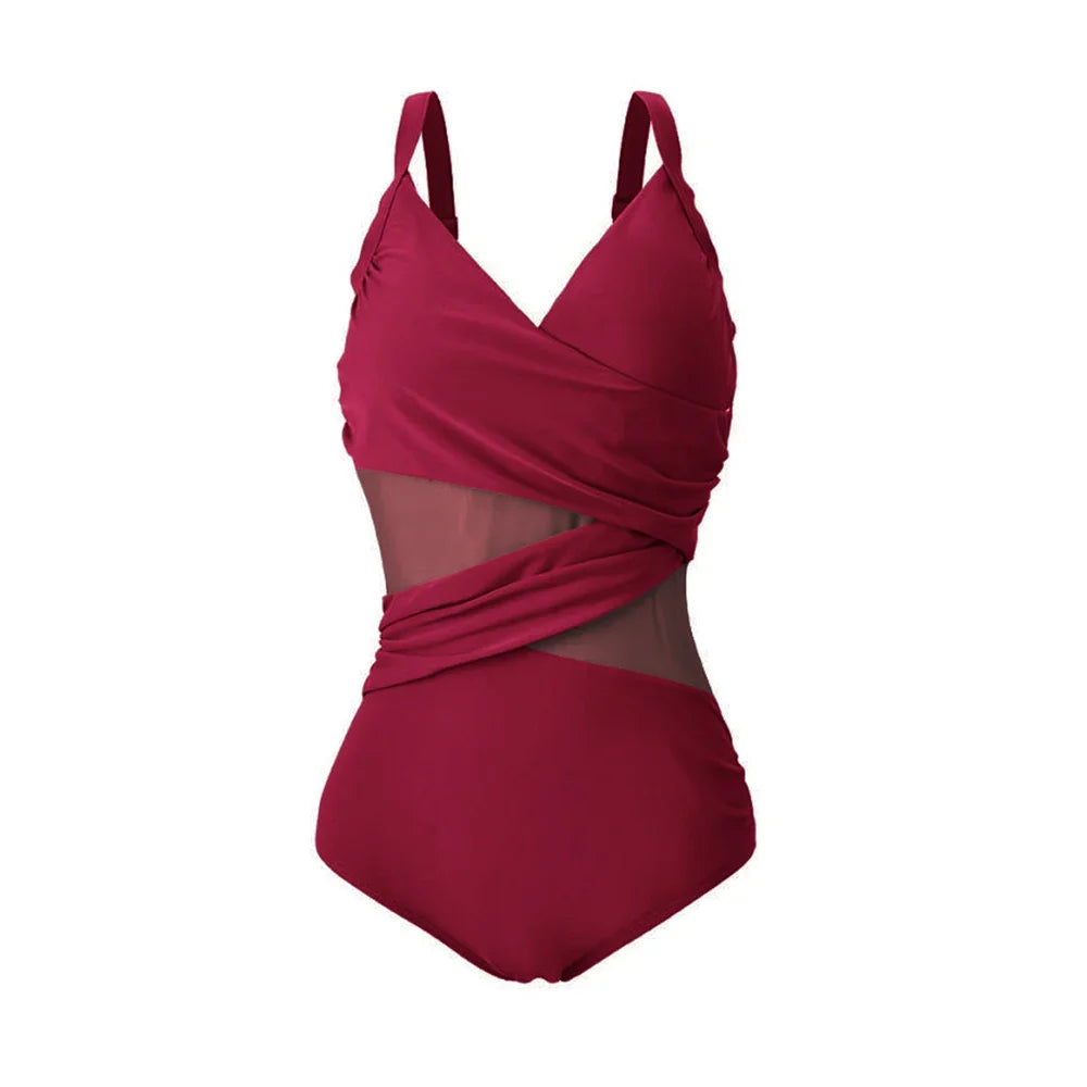 Plus Size Swimwear Women New Sexy Mesh One Piece Swimsuit Female Large Size Bathing Suit Summer Beachwear Swimming Suit 4XL Wine Red