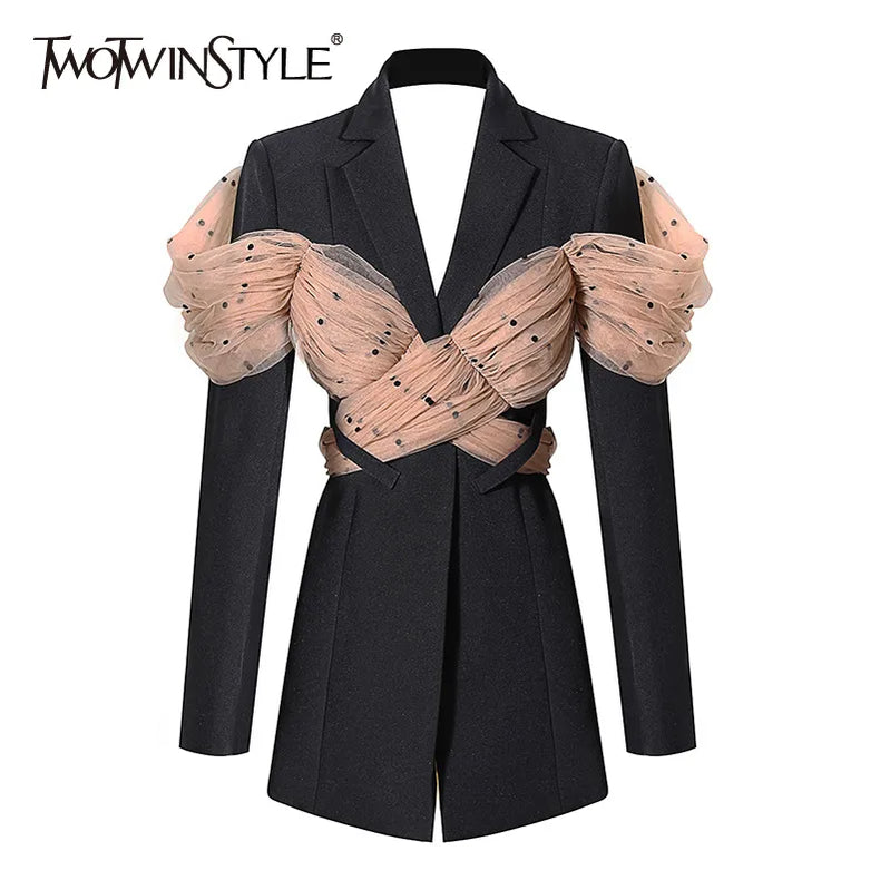 Casual Patchwork Dot Mesh Blazer For Women Notched Long Sleeve Backless Blazers Female Fashion Clothing