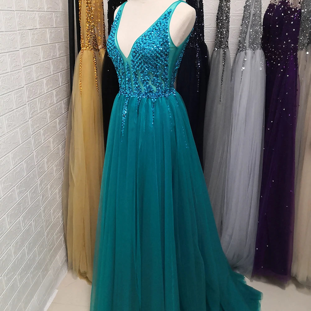 Sexy V-Neck Long Prom Dresses Beaded Beading Crystal High Splits Backless A-Line Formal Gown Party Dress
