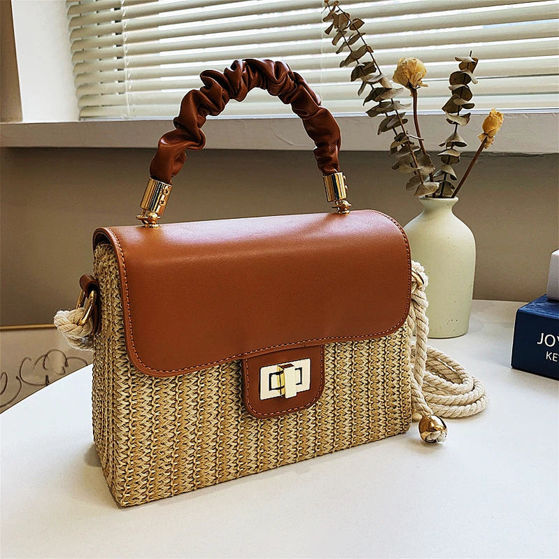 Straw Beach Bag for Women 2024 Summer Pleated Handle Luxury Designer Bag Contrast Color Crossbody Purse and Handbag Lady Bolsos