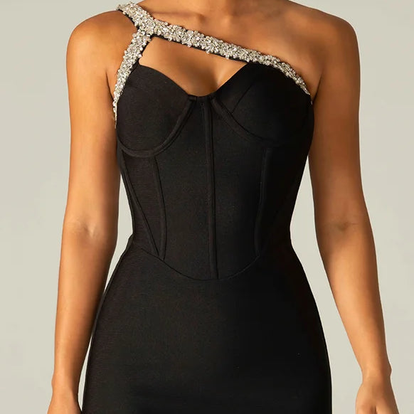 Red Blue Black One Shoulder Sparkly Beading Rayon Bandage Dress Elegant Cocktail Party Dress Vestidos