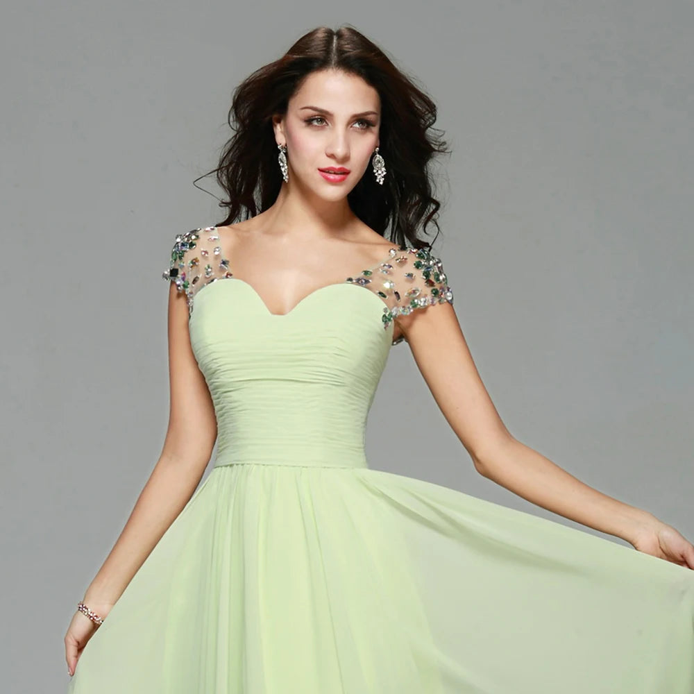 Elegant Cap Sleeves Light Green Prom Dresses Chiffon Crystal vestido de festa Evening Formal Dress for Women