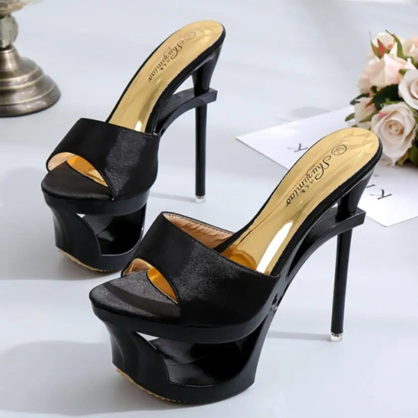 Shoes Woman Summer Slippers Sliders Female+Shoes Platform Silk Strange Style Heel 15cm Satin Face Shoes Sandalias Mujer