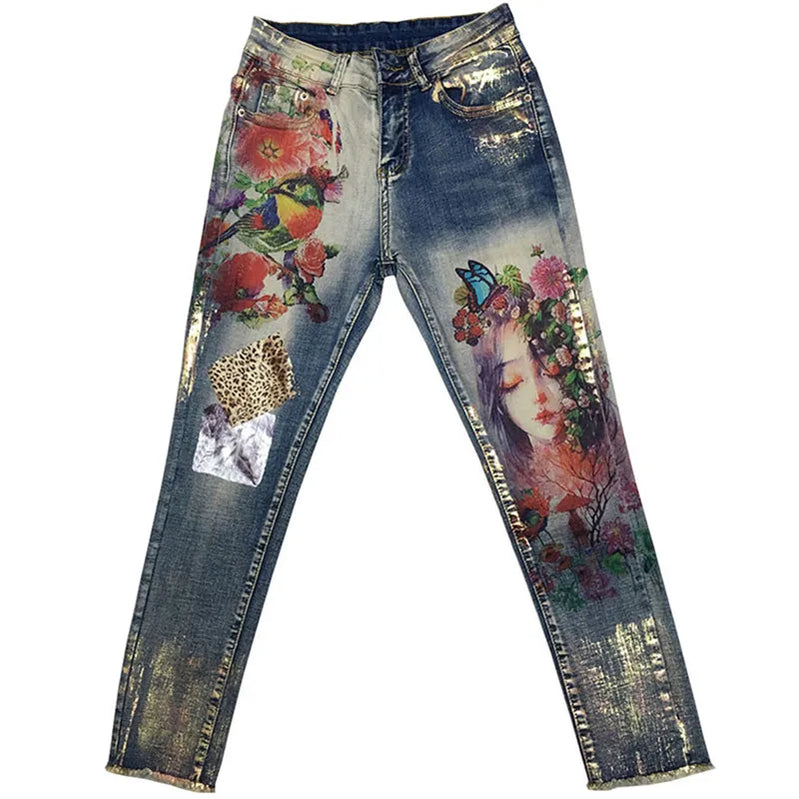 3D -tøyelige jeans med 3d blomster mønster malt blyantbukser kvinne elegant stil denim bukser bukser for kvinner jeans