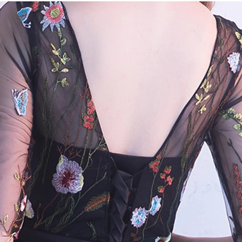 SEXY BLACK COCKTAIL DRESSES SHORT ELEGANT WOMEN PARTY FLOWER ROBES DE BAL BACKLESS HALF SLEEVE PROM DRESS