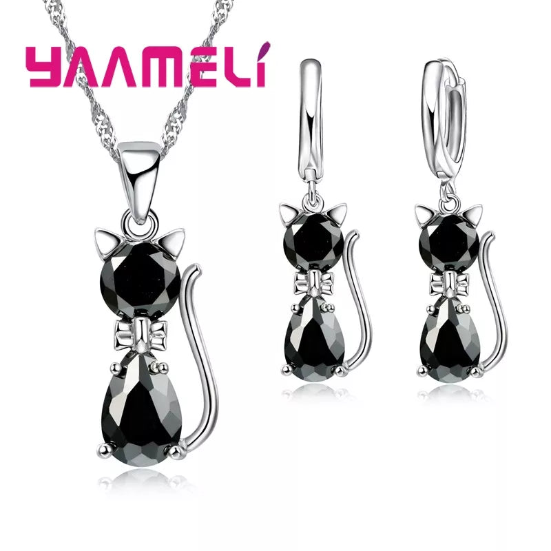 925 Sterling Silver Color Jewelry Sets for Woman Girls Shining Austrian Crystal Cute Cat Pendant Necklace Huggie Earring Black