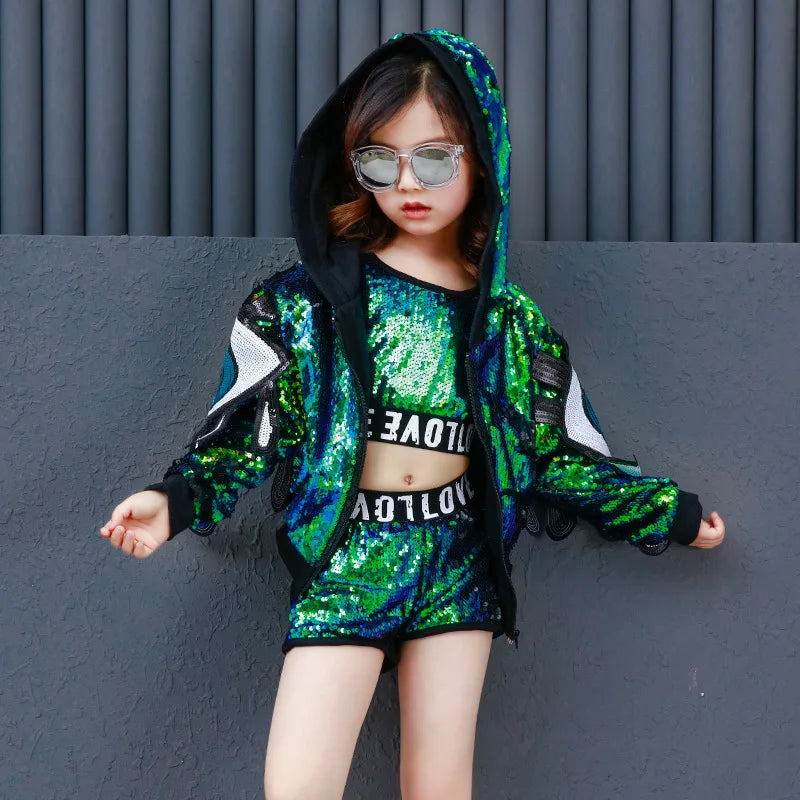 Sequin Kids Ballroom Dance Costume Crop Top Dancing Short Pant Girls Hip Hop Hoodie Jazz Dance Coat Fashion Dancewear Clothing