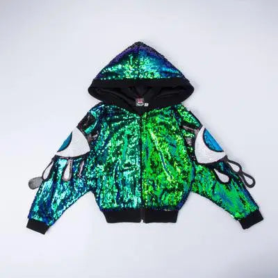 Sequin Kids Ballroom Dance Costume Crop Top Dancing Short Pant Girls Hip Hop Hoodie Jazz Dance Coat Fashion Dancewear Clothing Coat