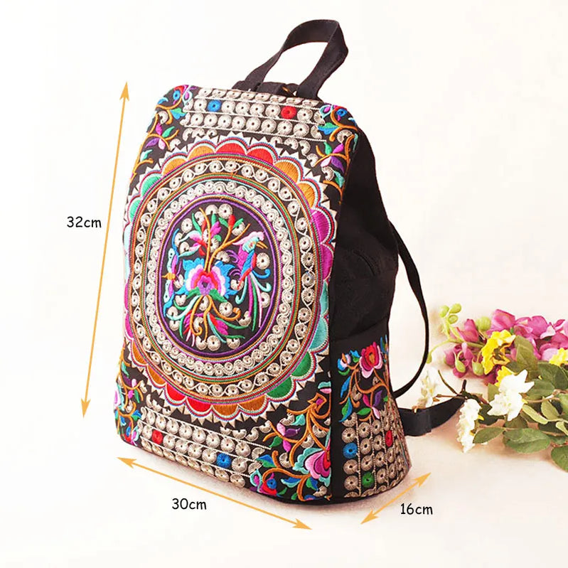 Vintage Artistic Embroidered Women Canvas Backpacks Handmade Floral Embroidery Rucksack Schoolbag Denim Travel Bags