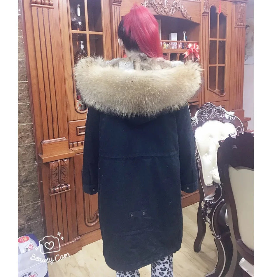 MaoMaoKong Natural Raccoon Fur Collar Women Jacket X-Long Embroidery Large Real Fur Hooded Parkas Winter Coat