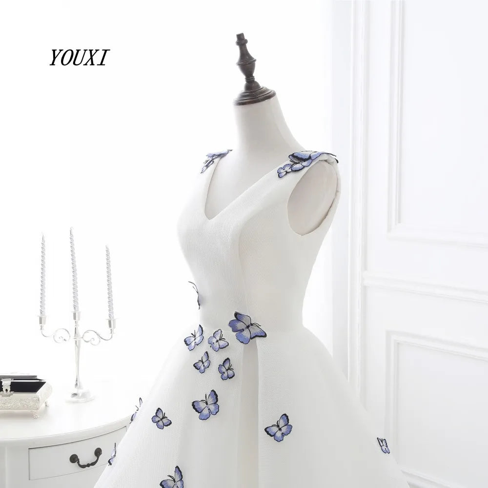 Short Prom Dresses Graduation V-Neck White Blue Flowers Real Photos Party Formal Gown YOUXI
