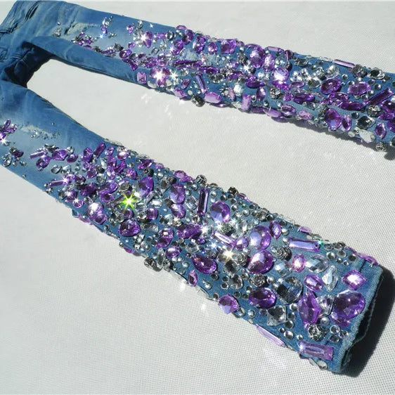 Women purple Rhinestones Sequins Jeans with Crystal Diamond Skinny Pencil jeans 25-30