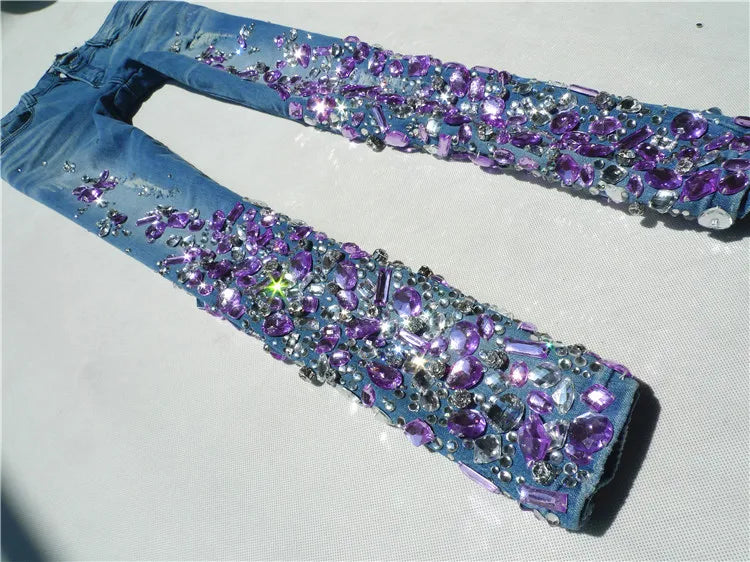 Women purple Rhinestones Sequins Jeans with Crystal Diamond Skinny Pencil jeans 25-30