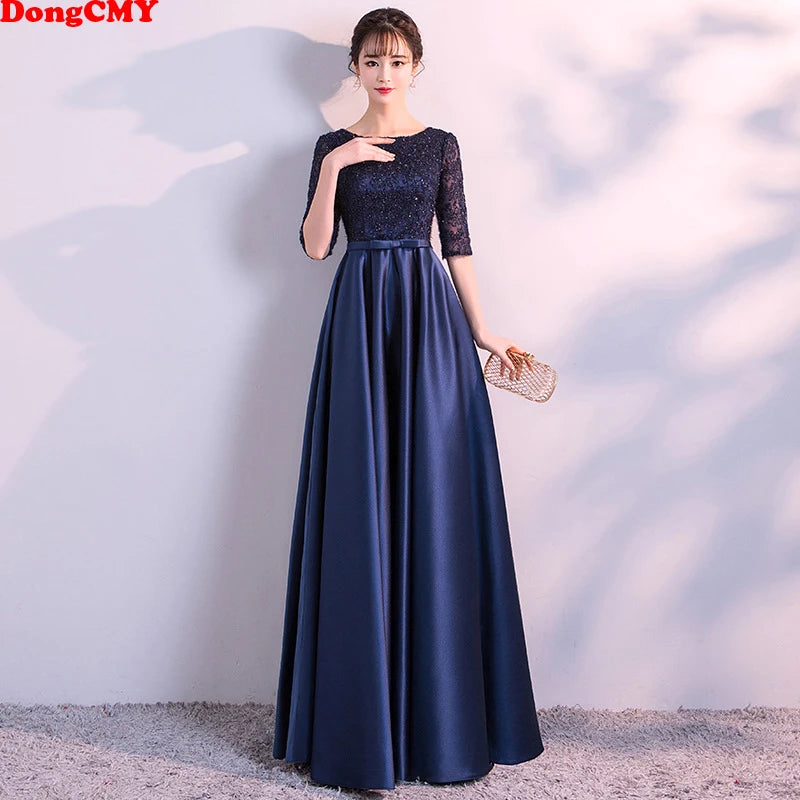 LONG FORMAL EVENING DRESSES ELEGANT LACE SATIN NAVY BLUE VESTIDOS WOMEN PARTY GOWN