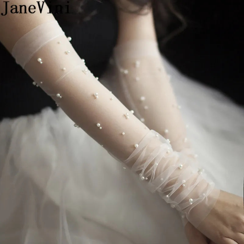 JaneVini 50CM Bridal Sheer Tulle Gloves DIY Long Wedding Gloves for Bride Ivory Pearls Decoration Fingerless Bridal Party Gloves