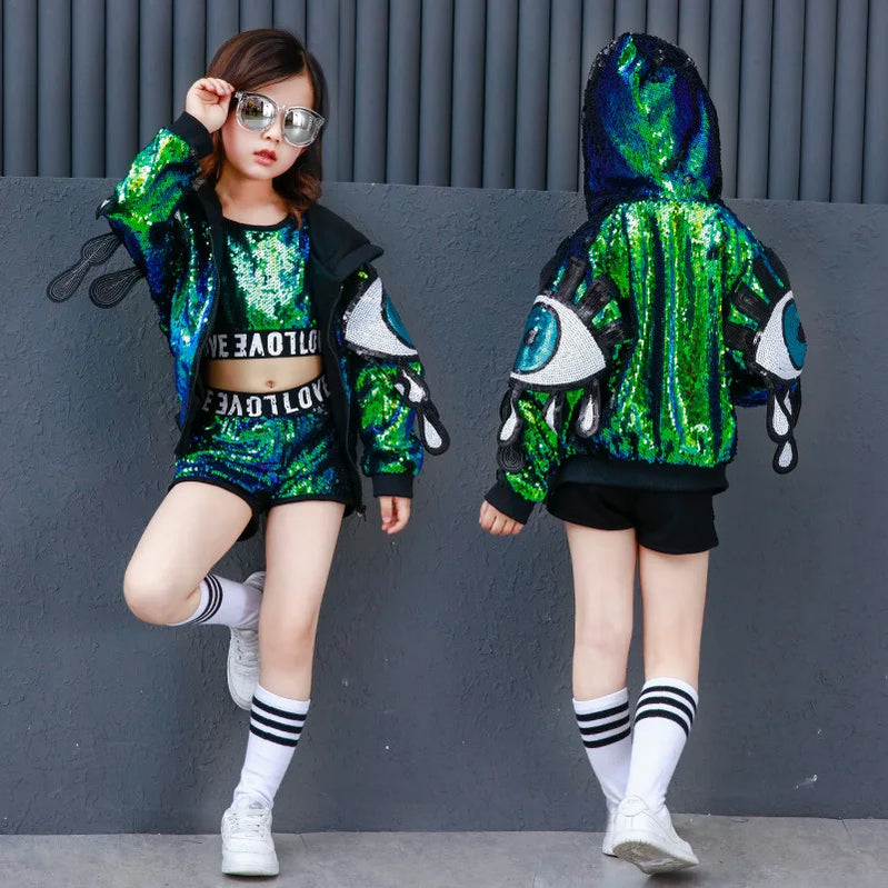 Sequin Kids Ballroom Dance Costume Crop Top Dancing Short Pant Girls Hip Hop Hoodie Jazz Dance Coat Fashion Dancewear Clothing