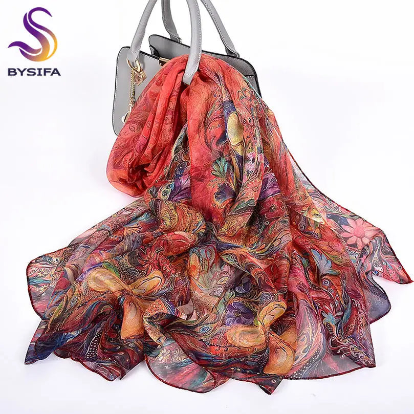 [BYSIFA] White 100% Silk Scarf Cape Fashion Floral Design Long Scarves Women Summer Utralong Beach Shawl Winter Scarves180*110cm Phoenix Flower