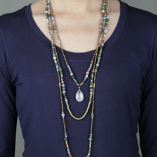 New Natural India Onyx with Seed Beads Teardop Pendant 3 Layered Necklace Bohemia Beaded Statement Necklaces Dropshipping