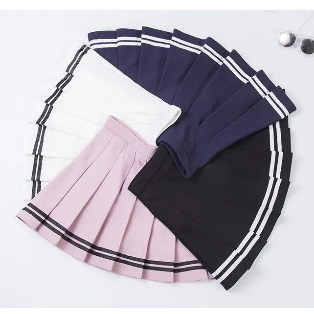 Students School Preppy High Waist A-Line Girls Two Striped Stitching Sailor Pleated Skirt Dance Zipper Skirt